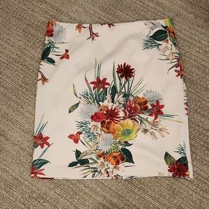 Contemporaine Floral White Pencil Skirt with Pink, Red & Green Bouquet Accents